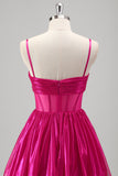 Metallic Fuchsia Corset Tiered A-Line Prom Dress with Bow