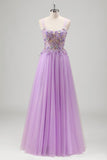 Glitter Lilac Corset Applique Tulle A-Line Prom Dress with Beading