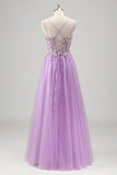 Glitter Lilac Corset Applique Tulle A-Line Prom Dress with Beading