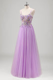 Glitter Lilac Corset Applique Tulle A-Line Prom Dress with Beading