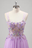 Glitter Lilac Corset Applique Tulle A-Line Prom Dress with Beading