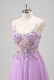 Glitter Lilac Corset Applique Tulle A-Line Prom Dress with Beading