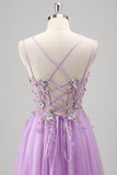 Glitter Lilac Corset Applique Tulle A-Line Prom Dress with Beading