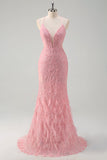 Glitter Pink Spaghetti Straps Mermaid Long Prom Dress with Feathers