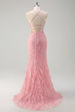 Glitter Pink Spaghetti Straps Mermaid Long Prom Dress with Feathers