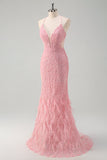 Glitter Pink Spaghetti Straps Mermaid Long Prom Dress with Feathers