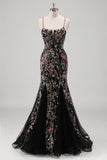 Black Spaghetti Straps Sequined Mermaid Prom Dress with Embroidery