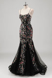 Black Spaghetti Straps Sequined Mermaid Prom Dress with Embroidery