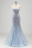 Light Blue Spaghetti Straps Corset Mermaid Prom Dress with Embroidery