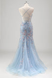 Light Blue Spaghetti Straps Corset Mermaid Prom Dress with Embroidery