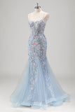 Light Blue Spaghetti Straps Corset Mermaid Prom Dress with Embroidery