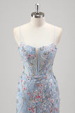 Light Blue Spaghetti Straps Corset Mermaid Prom Dress with Embroidery