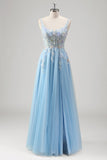 Glitter Light Blue Applique Tulle A-Line Prom Dress with Sequins