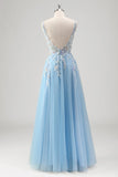 Glitter Light Blue Applique Tulle A-Line Prom Dress with Sequins