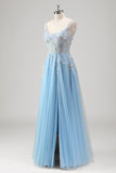 Glitter Light Blue Applique Tulle A-Line Prom Dress with Sequins