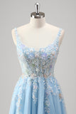 Glitter Light Blue Applique Tulle A-Line Prom Dress with Sequins