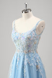 Glitter Light Blue Applique Tulle A-Line Prom Dress with Sequins