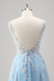 Glitter Light Blue Applique Tulle A-Line Prom Dress with Sequins