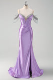 Lilac Mermaid Cold Shoulder Tassels Satin Beaded Prom Dress with Slit