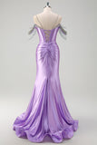 Lilac Mermaid Cold Shoulder Tassels Satin Beaded Prom Dress with Slit