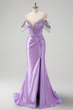 Lilac Mermaid Cold Shoulder Tassels Satin Beaded Prom Dress with Slit