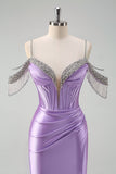 Lilac Mermaid Cold Shoulder Tassels Satin Beaded Prom Dress with Slit