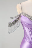 Lilac Mermaid Cold Shoulder Tassels Satin Beaded Prom Dress with Slit