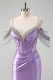 Lilac Mermaid Cold Shoulder Tassels Satin Beaded Prom Dress with Slit