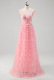 Pink Spaghetti Straps Tiered A-Line Princess Prom Dress