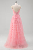 Pink Spaghetti Straps Tiered A-Line Princess Prom Dress