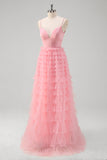 Pink Spaghetti Straps Tiered A-Line Princess Prom Dress