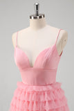 Pink Spaghetti Straps Tiered A-Line Princess Prom Dress