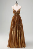 Sparkly Golden A-Line Spaghetti Straps Cut Out Pleated Metallic Prom Dress