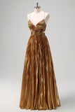 Sparkly Golden A-Line Spaghetti Straps Cut Out Pleated Metallic Prom Dress