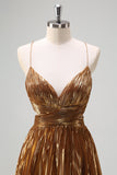 Sparkly Golden A-Line Spaghetti Straps Cut Out Pleated Metallic Prom Dress