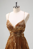 Sparkly Golden A-Line Spaghetti Straps Cut Out Pleated Metallic Prom Dress