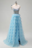 Sparkly Light Blue A-Line Tiered Beaded Prom Dress with Slit