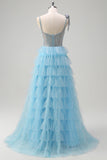 Sparkly Light Blue A-Line Tiered Beaded Prom Dress with Slit