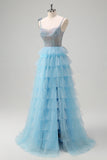 Sparkly Light Blue A-Line Tiered Beaded Prom Dress with Slit