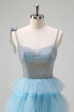 Sparkly Light Blue A-Line Tiered Beaded Prom Dress with Slit