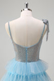 Sparkly Light Blue A-Line Tiered Beaded Prom Dress with Slit