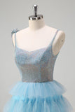 Sparkly Light Blue A-Line Tiered Beaded Prom Dress with Slit