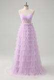 Elegant Light Purple A-Line Corset Tiered  Prom Dress with Ruffles