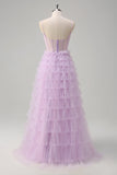 Elegant Light Purple A-Line Corset Tiered  Prom Dress with Ruffles