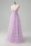 Elegant Light Purple A-Line Corset Tiered  Prom Dress with Ruffles