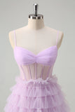 Elegant Light Purple A-Line Corset Tiered  Prom Dress with Ruffles