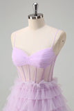 Elegant Light Purple A-Line Corset Tiered  Prom Dress with Ruffles