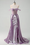 Light Purple Mermaid Corset Metallic Prom Dress with Side Cape