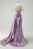 Light Purple Mermaid Corset Metallic Prom Dress with Side Cape