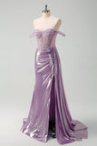 Light Purple Mermaid Corset Metallic Prom Dress with Side Cape